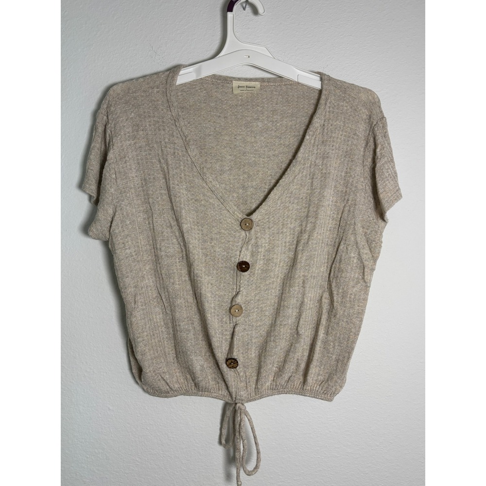 Free Kisses Womens Large Oatmeal Beige Waffle Knit Button Front Tie Crop Top L